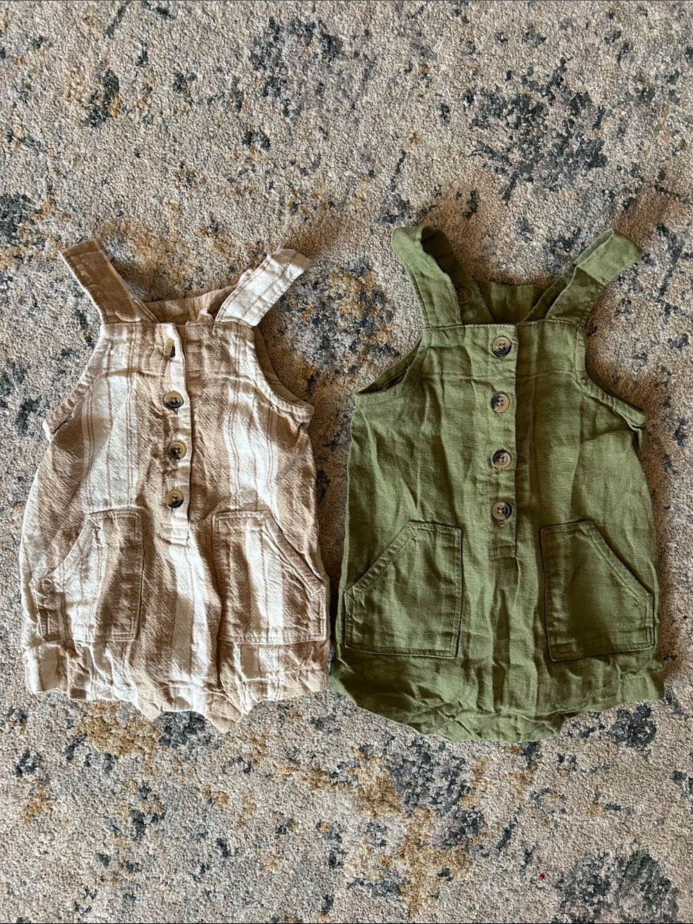 Old Navy Toddler Linen Blend Button Rompers in Beige and Olive Green